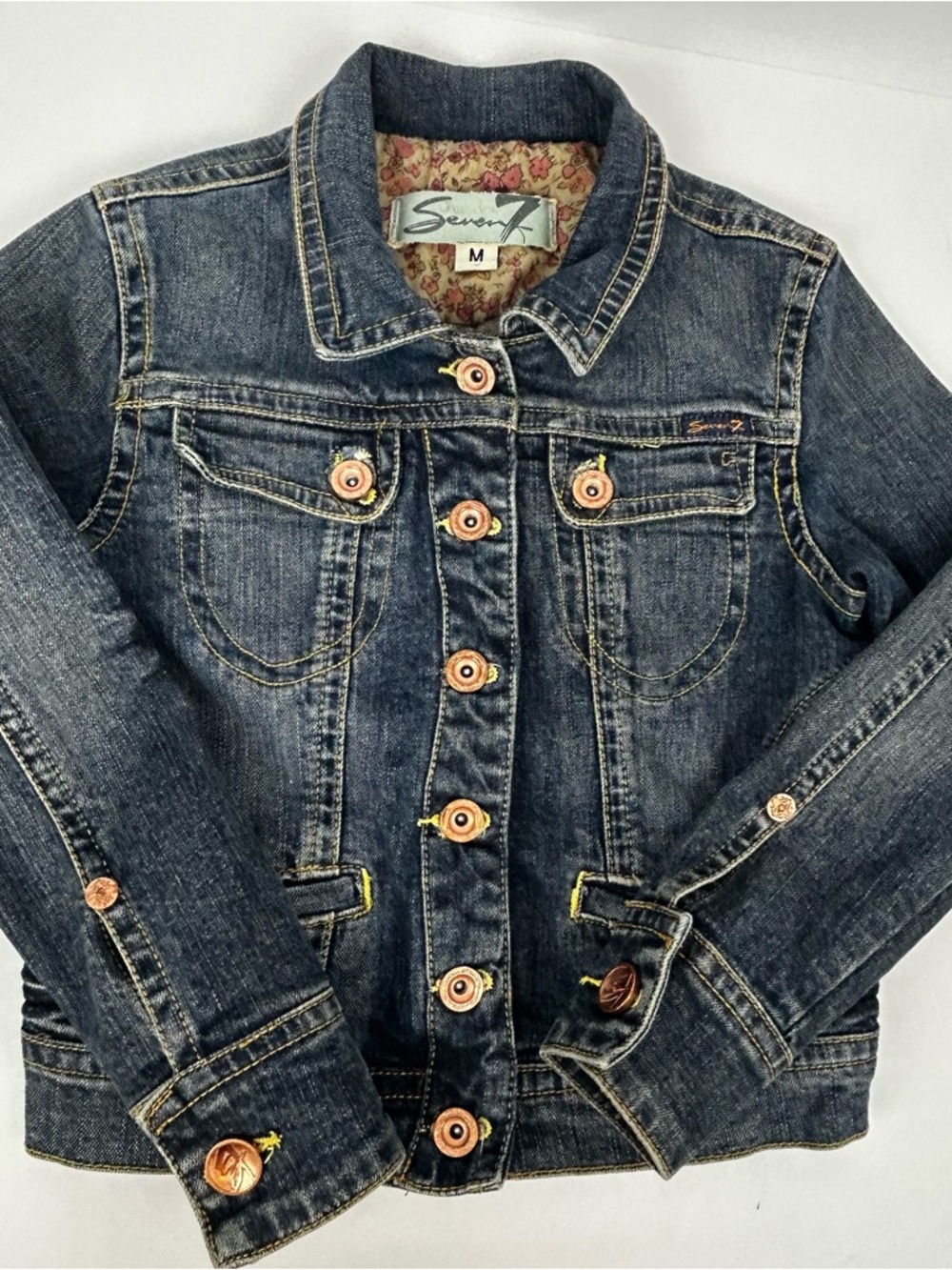 Seven7 Indigo Denim Jacket Kids Sz Med Distressed Copper Buttons